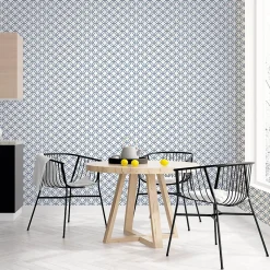 Papier peint intissé Jardin Secret Lutece mat et satiné hexagone bleu, blanc l.1000 x l.53 cm