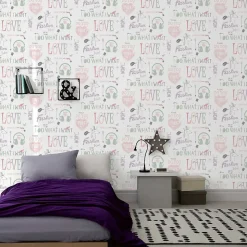 Papier peint intissé Les aventures " I Want " rose, vert, bleu pastel L.1005 x l.53cm Lutèce