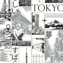 Papier peint intissé Les aventures ville de Tokyo noir, argenté L.1005 x l.53cm Lutèce