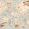 Papier Peint Intissé Panoramique Enfant Carte du monde 300x210 cm - Colle Inclus - Papier Peint Enfant Beige