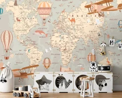 Papier Peint Intissé Panoramique Enfant Carte du monde 300x210 cm - Colle Inclus - Papier Peint Enfant Beige