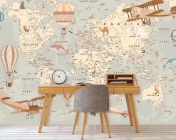 Papier Peint Intissé Panoramique Enfant Carte du monde 300x210 cm - Colle Inclus - Papier Peint Enfant Beige