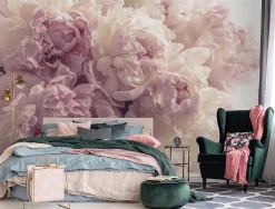 Papier Peint Intissé Panoramique Fleurs Pivoines Rose 400x280 cm - Colle Inclus - Chambre et Salon - Moderne Trompe l'oeil