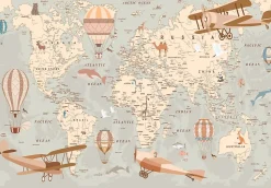 Papier Peint Intissé Panoramique Enfant Carte du monde 400x280 cm - Colle Inclus - Papier Peint Enfant Beige