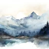 Papier Peint Intissé Panoramique Montagnes Aquarelle 350x250 cm - Colle Inclus - Chambre et Salon - Bleu Blanc