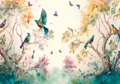 Papier Peint Intissé Panoramique Forêt Peint Oiseaux Art 400x280 cm - Colle Inclus - Chambre et Salon - Moderne Trompe l'oeil