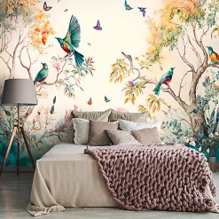 Papier Peint Intissé Panoramique Forêt Peint Oiseaux Art 400x280 cm - Colle Inclus - Chambre et Salon - Moderne Trompe l'oeil