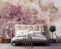 Papier Peint Intissé Panoramique Fleurs Pivoines Rose 250x175 cm - Colle Inclus - Chambre et Salon - Moderne Trompe l'oeil