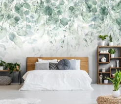 Papier Peint Intissé Panoramique Feuilles Vert 350x250 cm - Colle Inclus - Colle Inclus - Chambre et Salon - Vert Blanc Nature