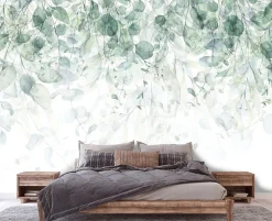 Papier Peint Intissé Panoramique Feuilles Vert 350x250 cm - Colle Inclus - Colle Inclus - Chambre et Salon - Vert Blanc Nature