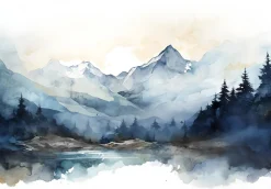 Papier Peint Intissé Panoramique Montagnes Aquarelle 300x210 cm - Colle Inclus - Chambre et Salon - Bleu Blanc