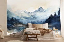 Papier Peint Intissé Panoramique Montagnes Aquarelle 300x210 cm - Colle Inclus - Chambre et Salon - Bleu Blanc