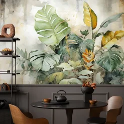 Papier Peint Intissé Photo Pour Chambre FEUILLES Plantes Aquarelle 360cm x 240cm