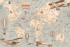 Papier Peint Intissé Photo Pour Enfant CARTE DU MONDE Animaux Avions Ballons Rétro 360cm x 240cm