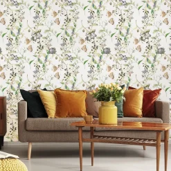 Papier Peint Intissé Pour Salon PAPILLONS Fleurs Feuilles Nature