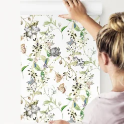Papier Peint Intissé Pour Salon PAPILLONS Fleurs Feuilles Nature