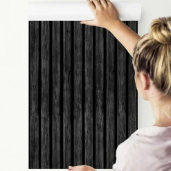 Papier Peint Intissé Pour Chambre PLANCHES Noir Lamelles Bois Imitation