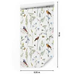 Papier Peint Intissé Pour Salon OISEAUX Fleurs Feuilles Nature