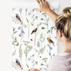 Papier Peint Intissé Pour Salon OISEAUX Fleurs Feuilles Nature