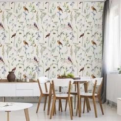 Papier Peint Intissé Pour Salon OISEAUX Fleurs Feuilles Nature