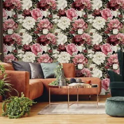 Papier Peint Intissé Pour Salon FLEURS Pivoines Feuilles Nature