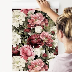 Papier Peint Intissé Pour Salon FLEURS Pivoines Feuilles Nature
