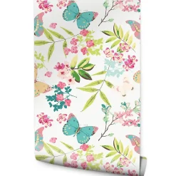 Papier Peint Intissé Pour La Chambre PAPILLONS Colorés Feuilles Fleurs
