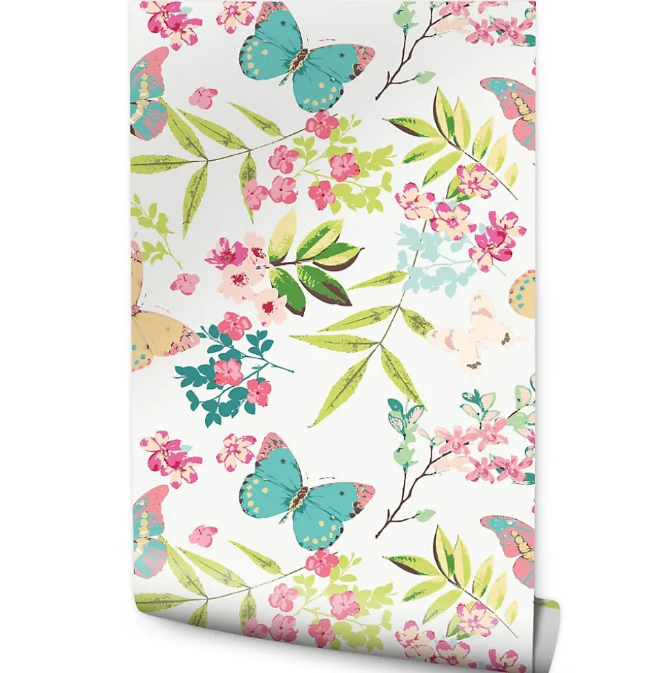 Papier Peint Intissé Pour La Chambre PAPILLONS Colorés Feuilles Fleurs