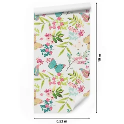 Papier Peint Intissé Pour La Chambre PAPILLONS Colorés Feuilles Fleurs