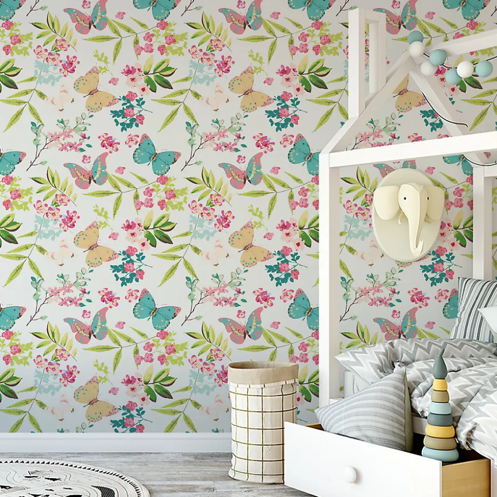 Papier Peint Intissé Pour La Chambre PAPILLONS Colorés Feuilles Fleurs