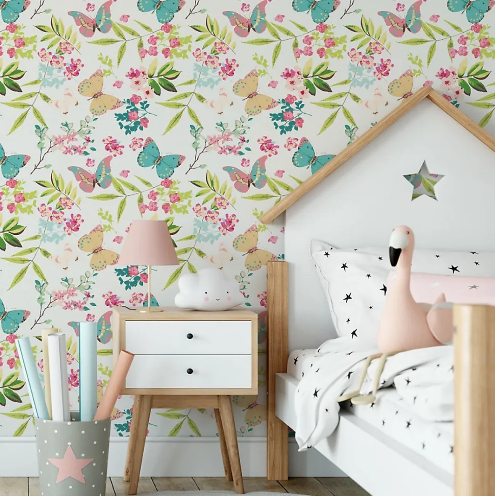 Papier Peint Intissé Pour La Chambre PAPILLONS Colorés Feuilles Fleurs
