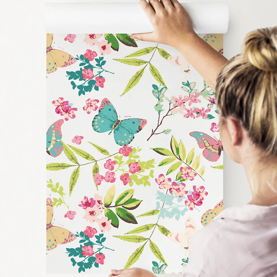 Papier Peint Intissé Pour La Chambre PAPILLONS Colorés Feuilles Fleurs