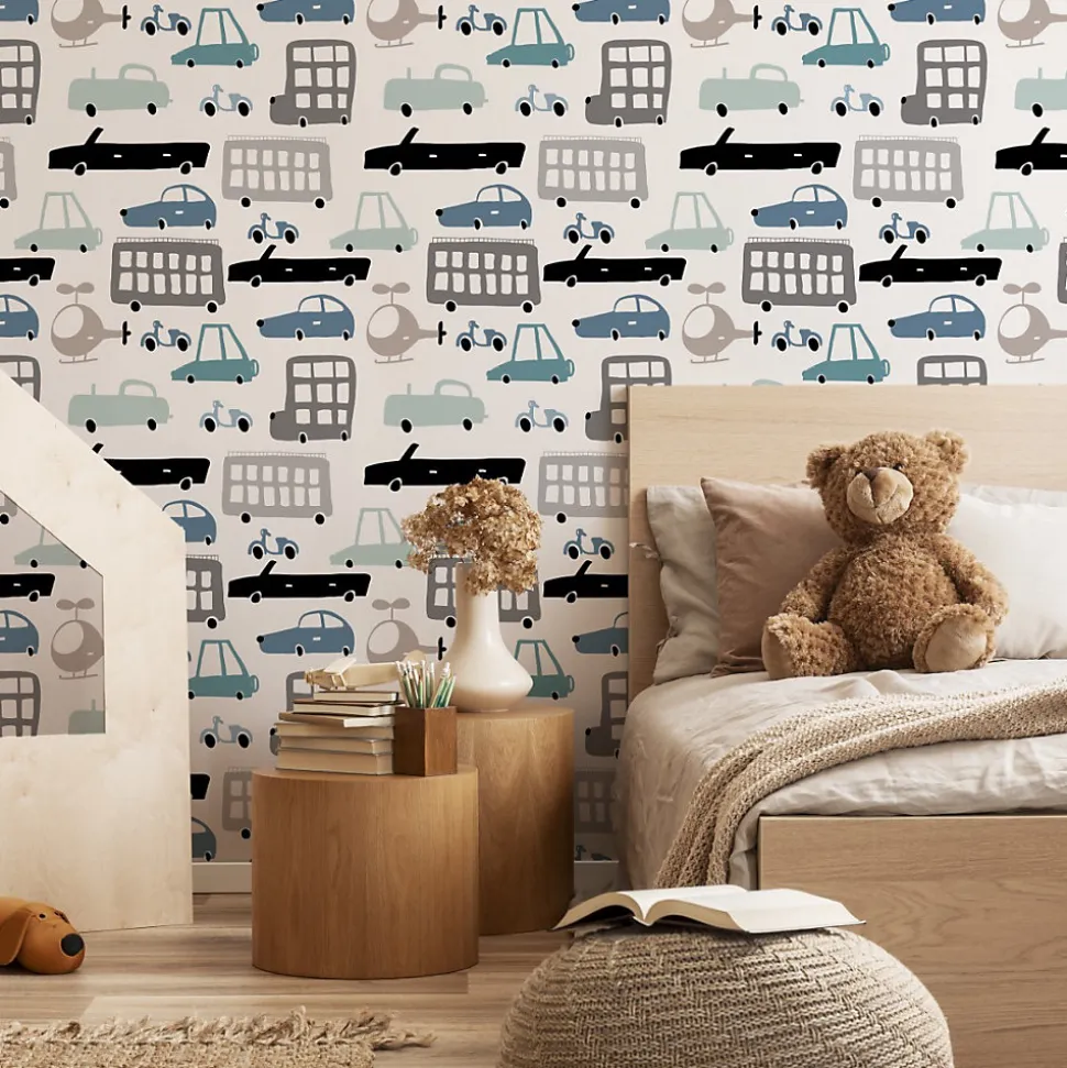 Papier Peint Intissé Pour Chambre d'Enfant Voitures Colorées