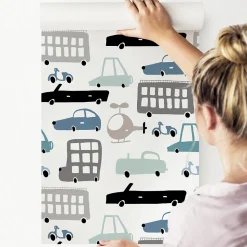 Papier Peint Intissé Pour Chambre d'Enfant Voitures Colorées