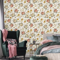 Papier Peint Intissé Pour Chambre FLEURS Roses Camomille Nature