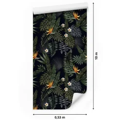 Papier Peint Intissé Pour Salon FEUILLES Tropicales Fleurs Exotiques