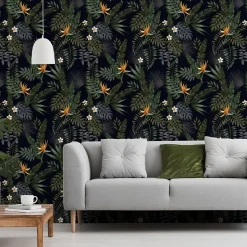 Papier Peint Intissé Pour Salon FEUILLES Tropicales Fleurs Exotiques