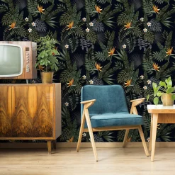 Papier Peint Intissé Pour Salon FEUILLES Tropicales Fleurs Exotiques