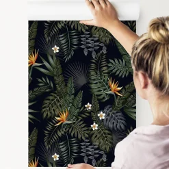 Papier Peint Intissé Pour Salon FEUILLES Tropicales Fleurs Exotiques