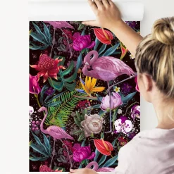 Papier Peint Intissé Pour Salon FLEURS Flamants Feuilles
