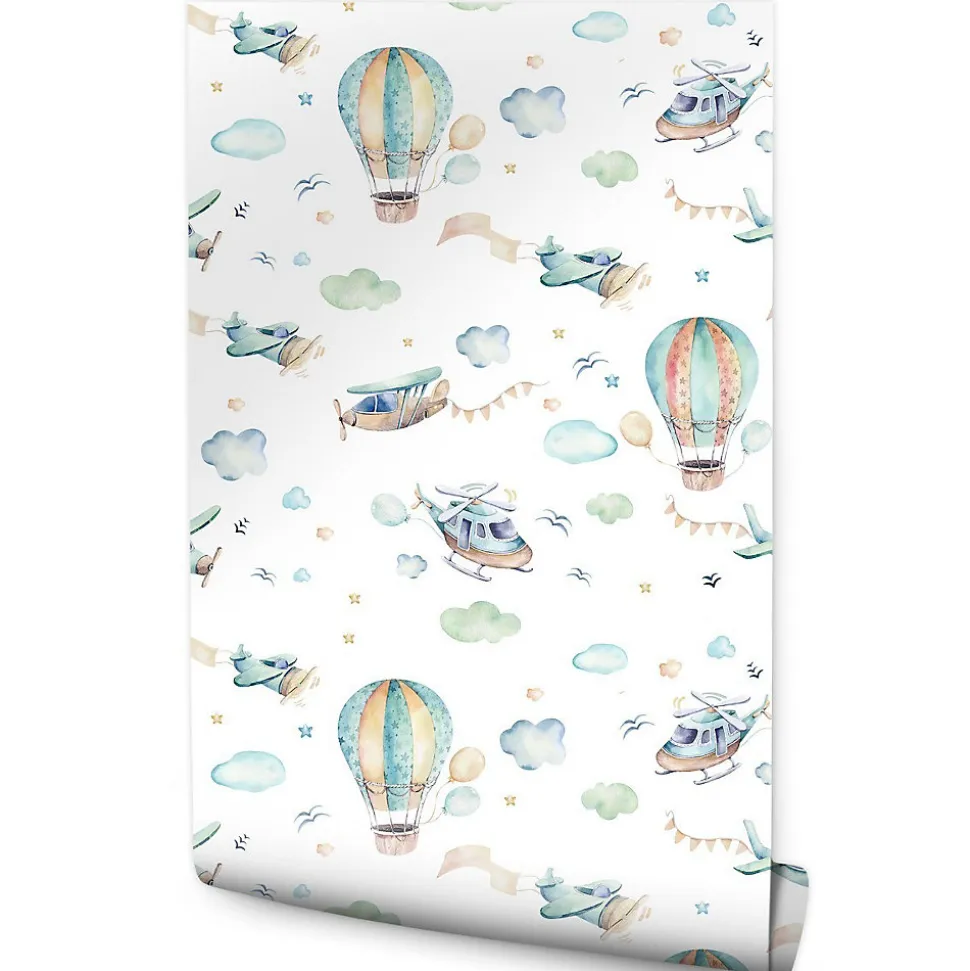 Papier Peint Intissé Pour Chambre D'Enfants AVIONS Ballons Nuages