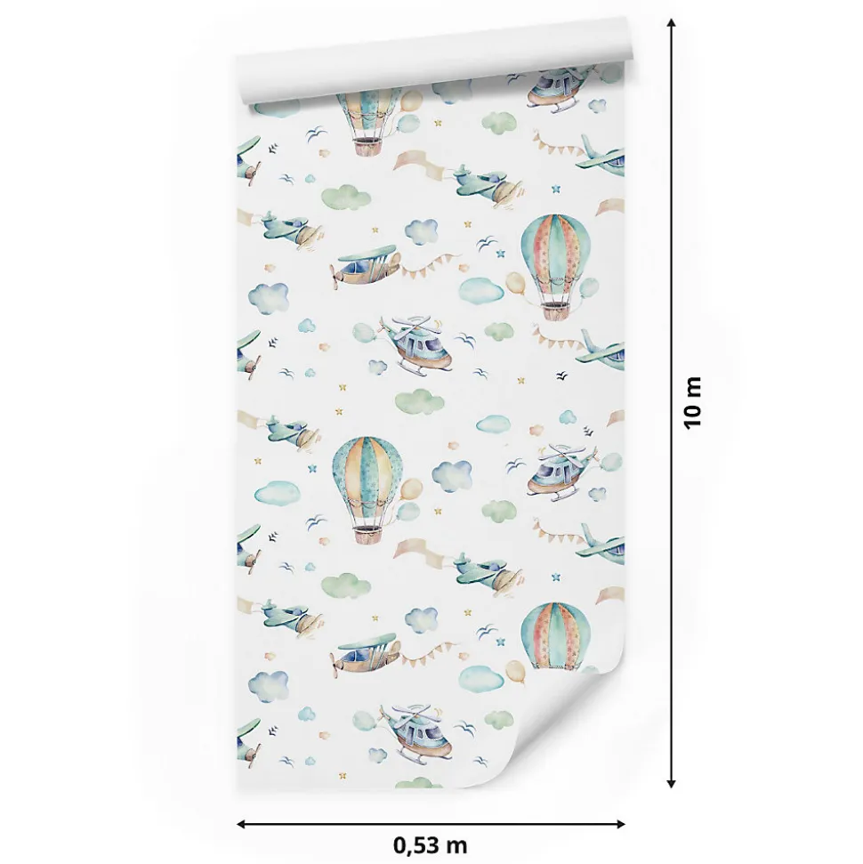 Papier Peint Intissé Pour Chambre D'Enfants AVIONS Ballons Nuages