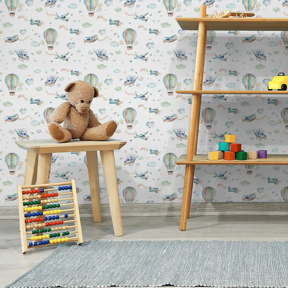 Papier Peint Intissé Pour Chambre D'Enfants AVIONS Ballons Nuages