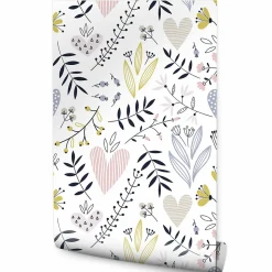 Papier Peint Intissé Pour La Chambre FEUILLES Fleurs Cœurs