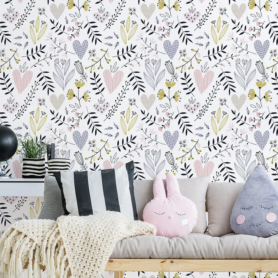 Papier Peint Intissé Pour La Chambre FEUILLES Fleurs Cœurs