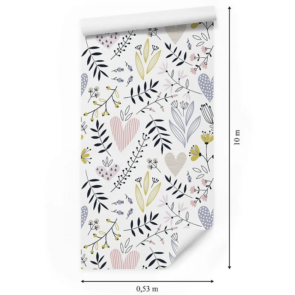 Papier Peint Intissé Pour La Chambre FEUILLES Fleurs Cœurs