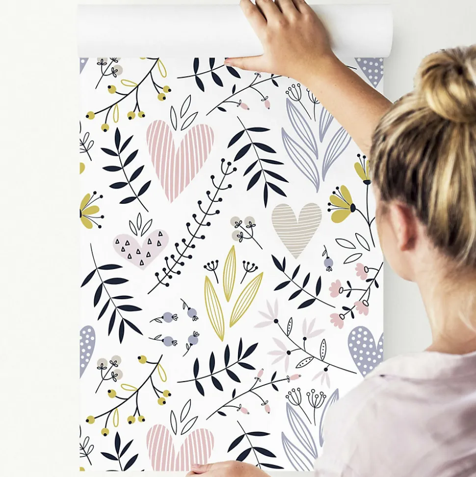 Papier Peint Intissé Pour La Chambre FEUILLES Fleurs Cœurs