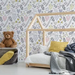 Papier Peint Intissé Pour La Chambre FEUILLES Fleurs Cœurs