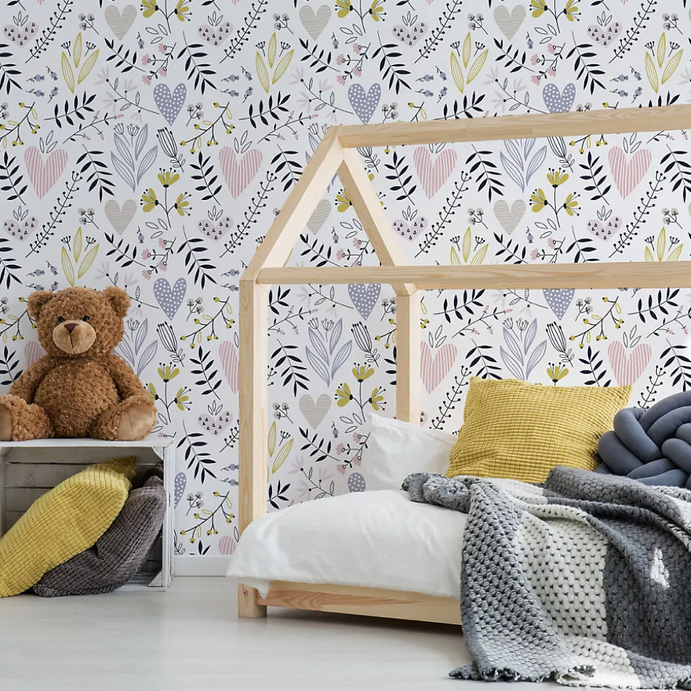 Papier Peint Intissé Pour La Chambre FEUILLES Fleurs Cœurs