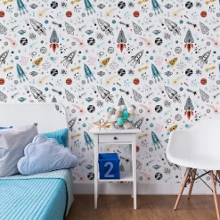 Papier Peint Intissé Pour Chambre D'Enfant ESPACE Fusées Galaxie